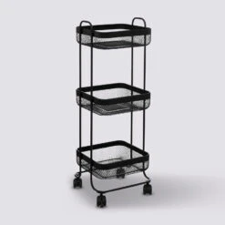 Desserte Carrée à Roulettes 3 Niveaux, Métal Noir Mayaj