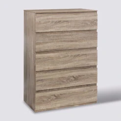 Commode 5 Tiroirs, Effet Bois Naturel Dolo