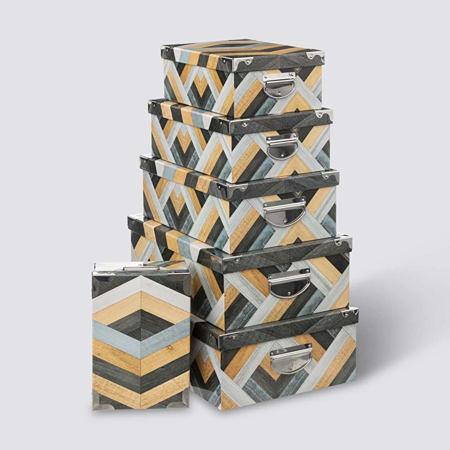 6 Boîtes Coin Métal, Bleu Et Gris Marqueterie 3 6 Boîtes Coin Métal, Bleu Et Gris Marqueterie